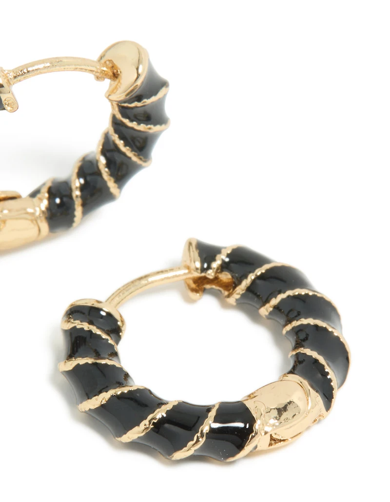 Gold Black Enamel Small Twisted Hoop Earrings