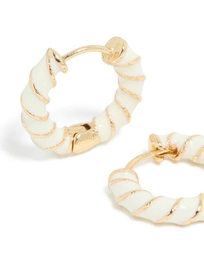 Gold White Enamel Small Twisted Hoop Earrings