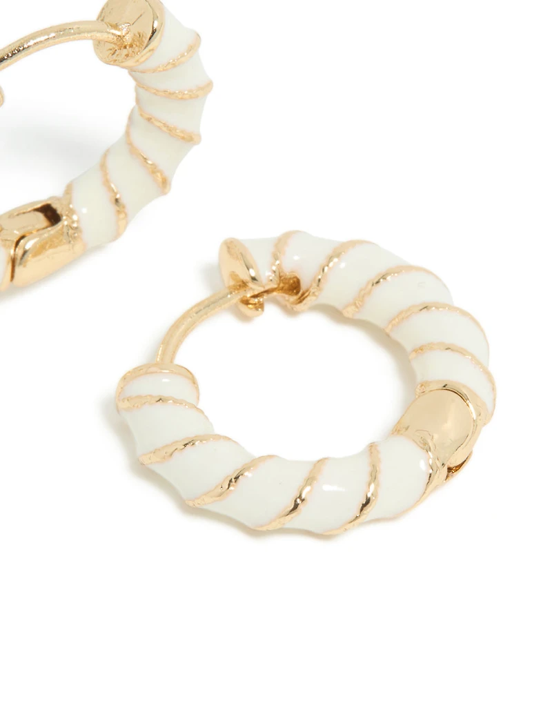 Gold White Enamel Small Twisted Hoop Earrings