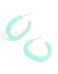 Gold Aqua Enamel Irregular Hoop Earrings