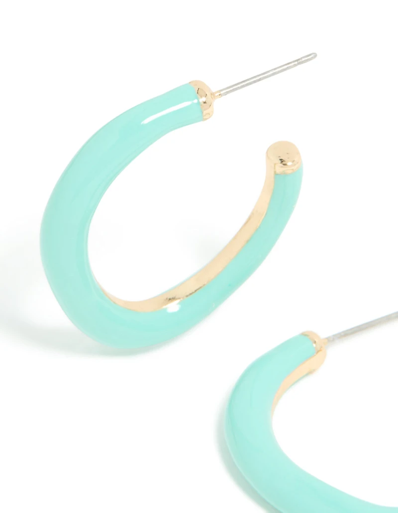 Gold Aqua Enamel Irregular Hoop Earrings