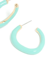 Gold Aqua Enamel Irregular Hoop Earrings