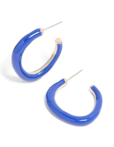 Gold Dark Blue Enamel Irregular Hoop Earrings