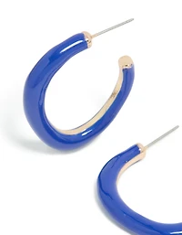 Gold Dark Blue Enamel Irregular Hoop Earrings