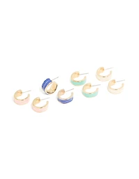 Gold Blue & Pink Enamel Wide Hoop Earrings 4-Pack