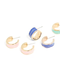 Gold Blue & Pink Enamel Wide Hoop Earrings 4-Pack