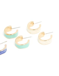 Gold Blue & Pink Enamel Wide Hoop Earrings 4-Pack