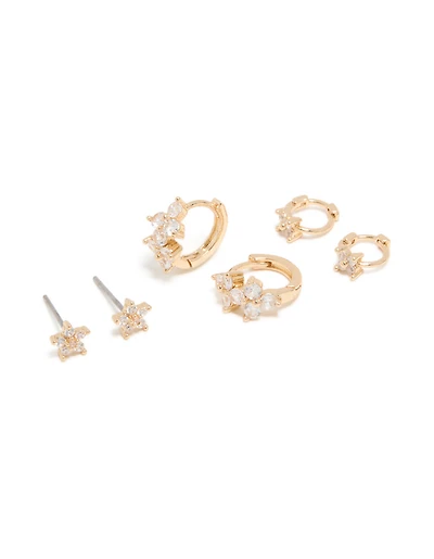 Gold Cubic Zirconia Flower Huggie & Stud Earrings 3-Pack