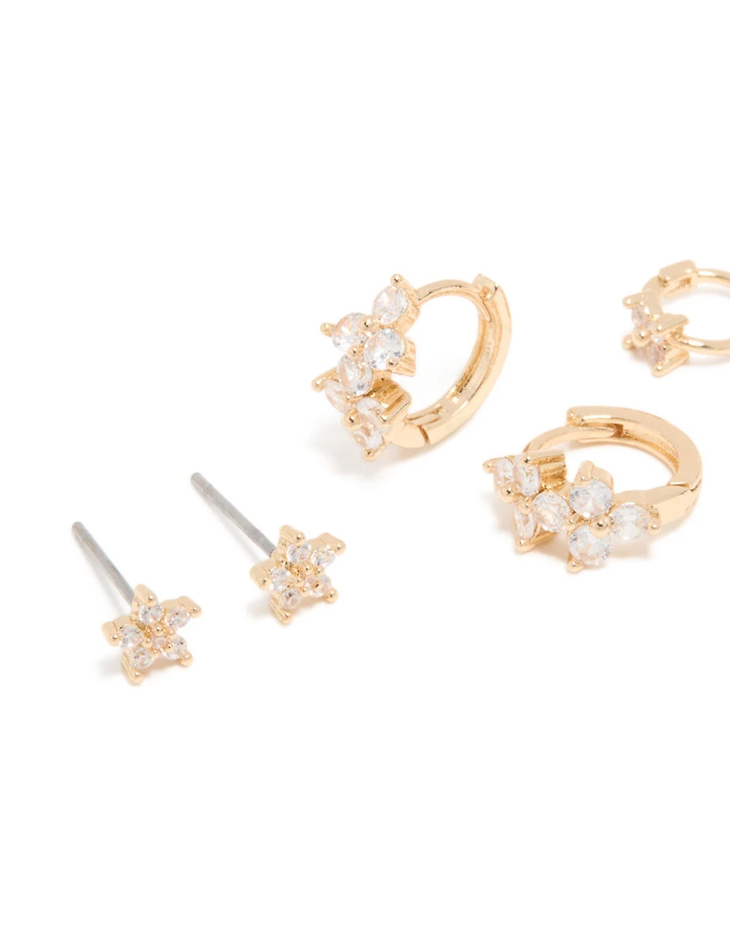 Gold Cubic Zirconia Flower Huggie & Stud Earrings 3-Pack