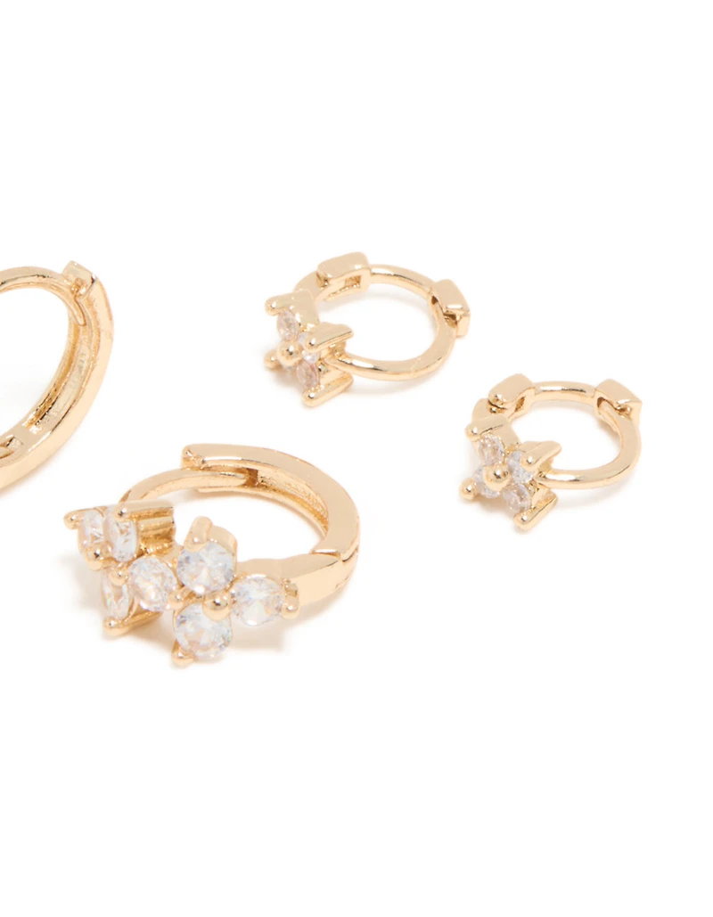 Gold Cubic Zirconia Flower Huggie & Stud Earrings 3-Pack