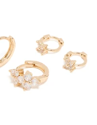 Gold Cubic Zirconia Flower Huggie & Stud Earrings 3-Pack
