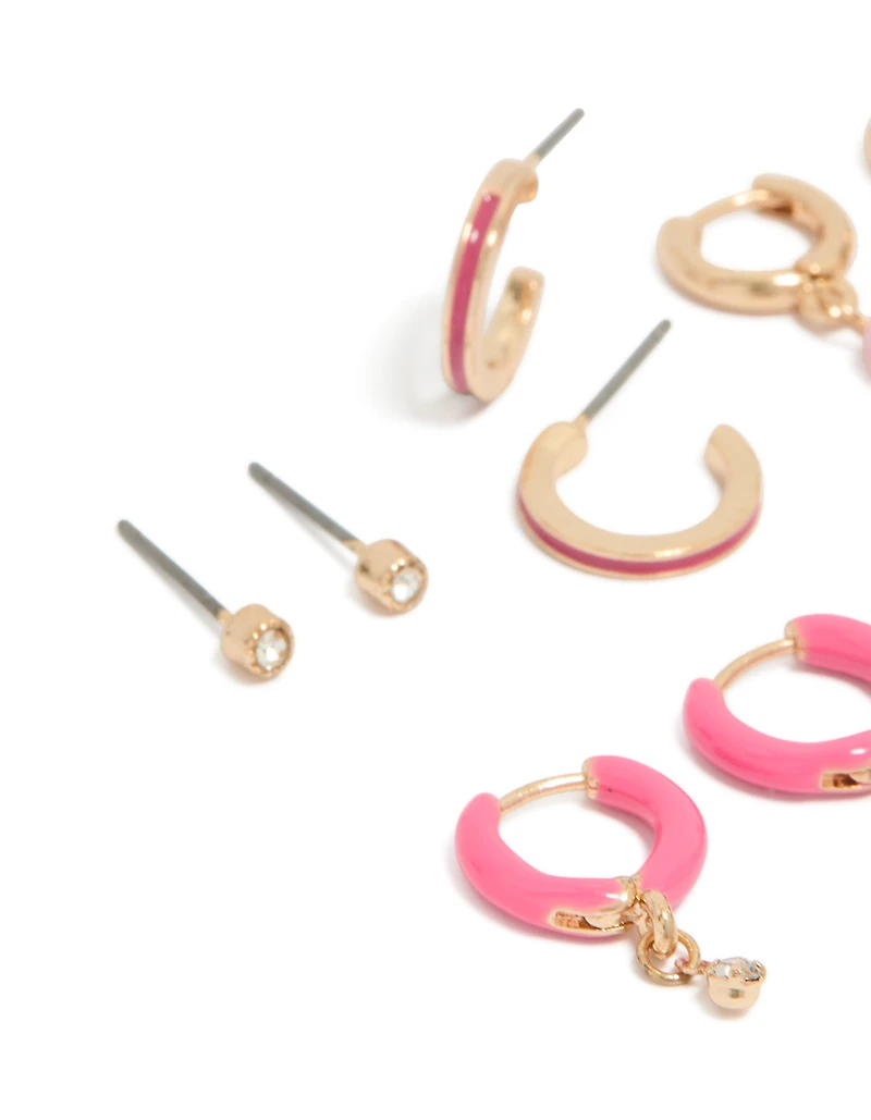 Gold Diamante & Pink Enamel Hoop Earrings 5-Pack