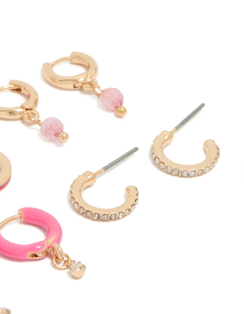 Boucles d'oreilles créoles en or, strass et émail rose (paquet de 5)