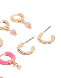 Boucles d'oreilles créoles en or, strass et émail rose (paquet de 5)