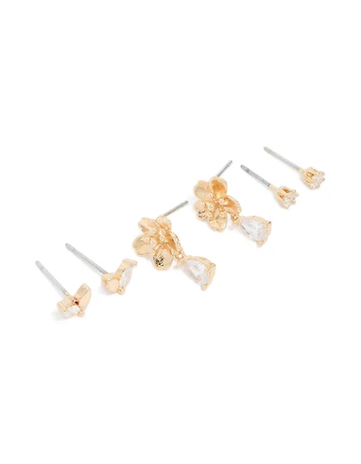 Gold Cubic Zirconia Flower & Petal Earrings 3-Pack