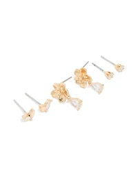 Gold Cubic Zirconia Flower & Petal Earrings 3-Pack