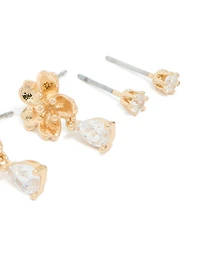 Gold Cubic Zirconia Flower & Petal Earrings 3-Pack
