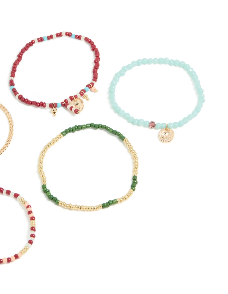 Gold Thin Chain & Multicoloured Beaded Bracelet 5-Pack