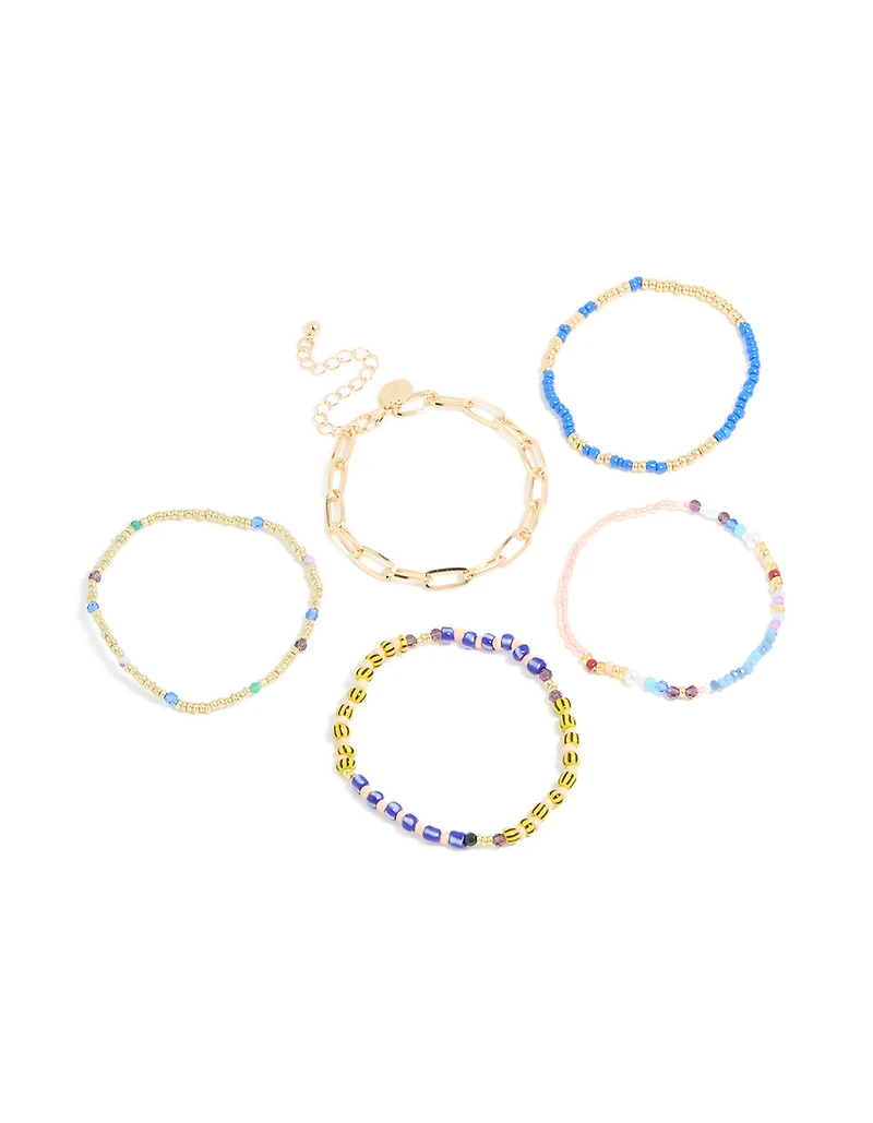 Gold Large Chain & Blue Beaded Bracelets 5-Pack