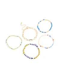 Gold Large Chain & Blue Beaded Bracelets 5-Pack