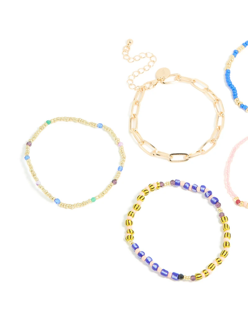 Gold Large Chain & Blue Beaded Bracelets 5-Pack