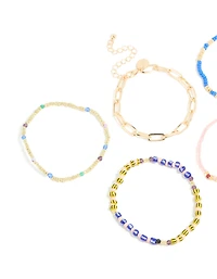 Gold Large Chain & Blue Beaded Bracelets 5-Pack