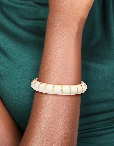 Bracelet émail crème rayé doré
