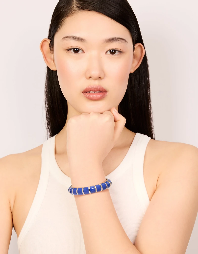 Gold Dark Blue Enamel Stripe Bangle