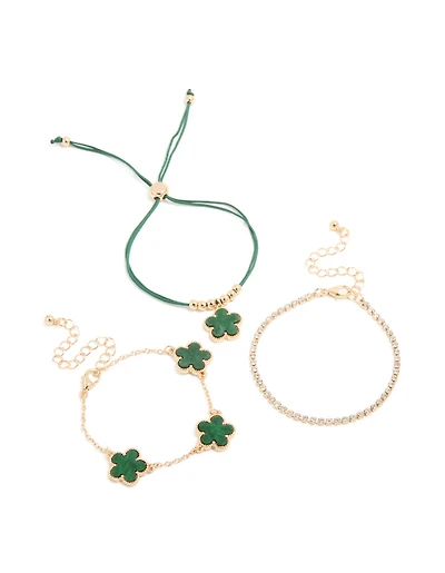 Gold Tennis & Cord Flower Bracelets 3-Pack
