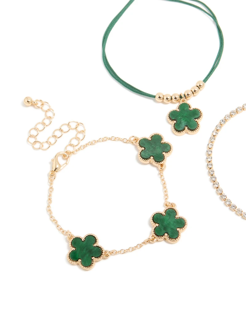 Gold Tennis & Cord Flower Bracelets 3-Pack