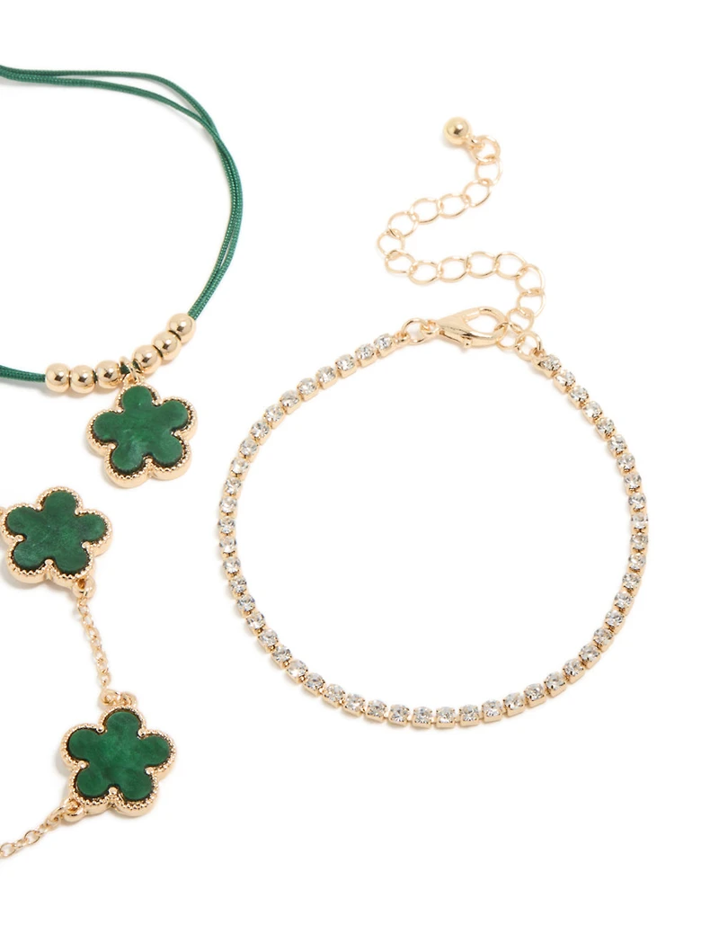 Gold Tennis & Cord Flower Bracelets 3-Pack