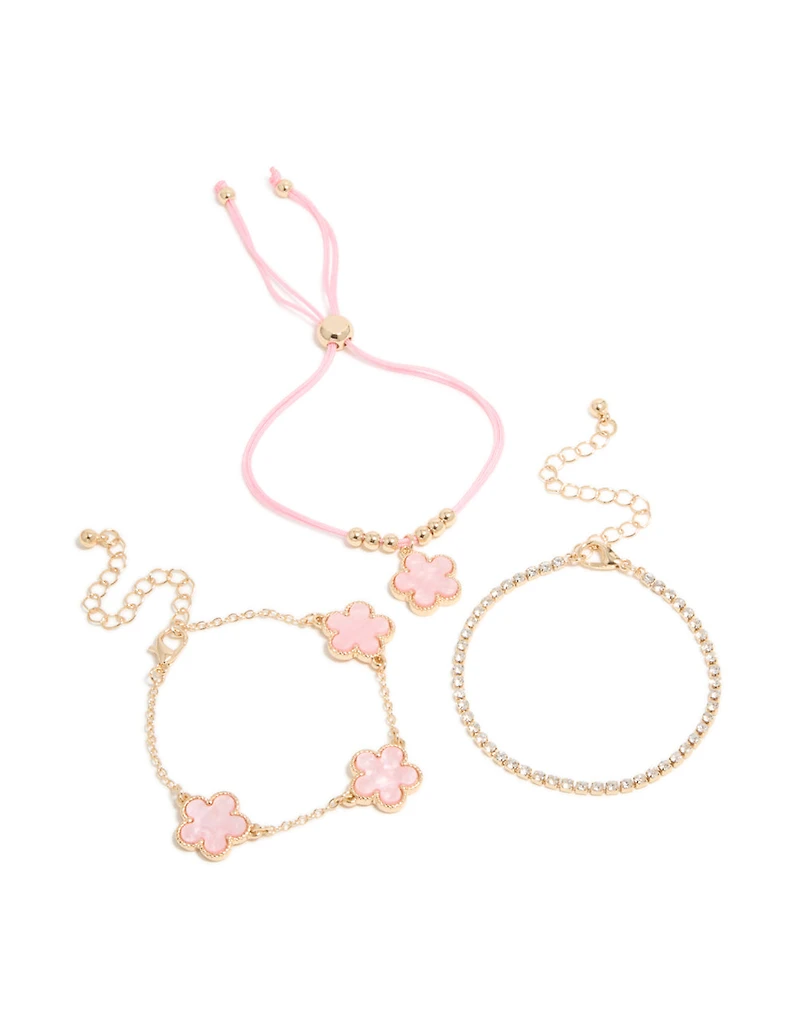 Gold Cubic Zirconia Tennis & Blush Pink Cord Flower Bracelets 3-Pack