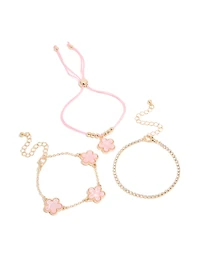 Gold Cubic Zirconia Tennis & Blush Pink Cord Flower Bracelets 3-Pack