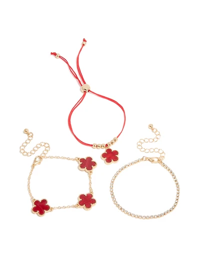 Gold Cubic Zirconia Tennis & Red Cord Flower Bracelets 3-Pack