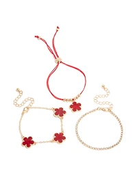 Gold Cubic Zirconia Tennis & Red Cord Flower Bracelets 3-Pack