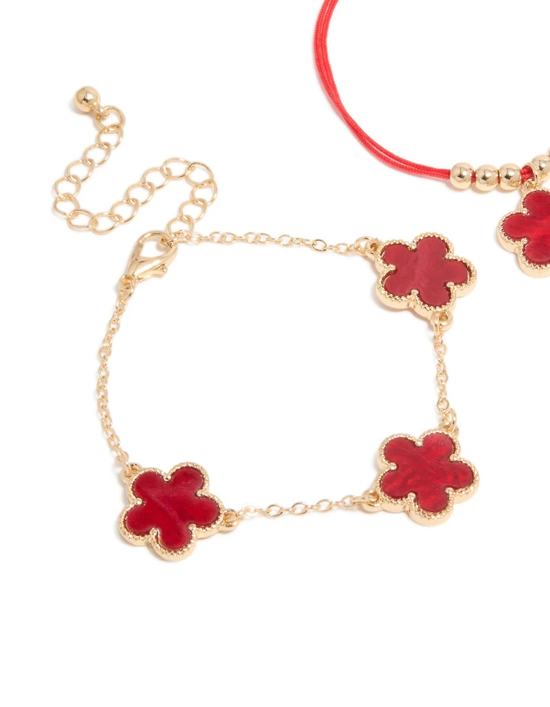Gold Cubic Zirconia Tennis & Red Cord Flower Bracelets 3-Pack