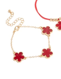 Gold Cubic Zirconia Tennis & Red Cord Flower Bracelets 3-Pack