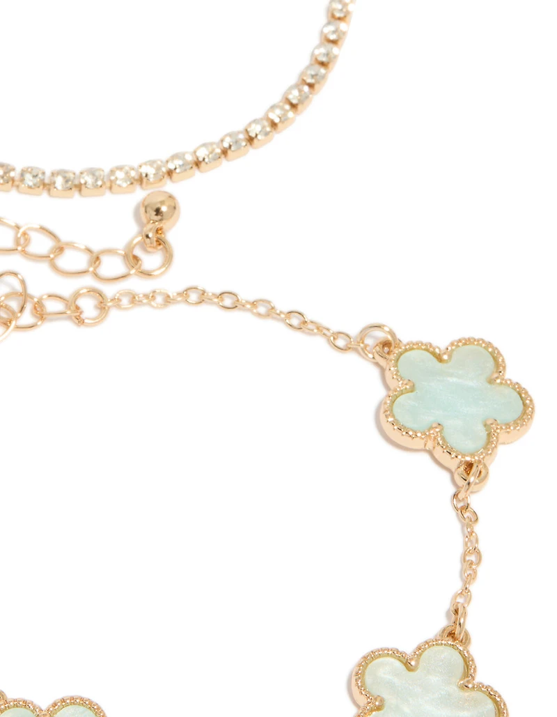 Gold Cubic Zirconia Tennis & Cord Light Blue Flower Charm Bracelets 3-Pack