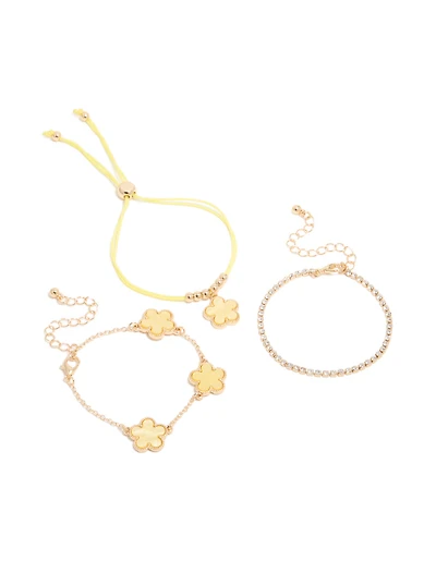 Gold Cubic Zirconia Tennis & Yellow Cord Flower Bracelets 3-Pack