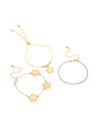 Gold Cubic Zirconia Tennis & Yellow Cord Flower Bracelets 3-Pack