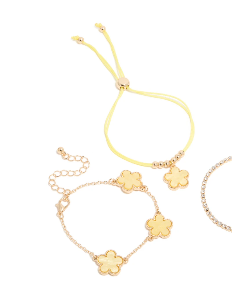 Gold Cubic Zirconia Tennis & Yellow Cord Flower Bracelets 3-Pack