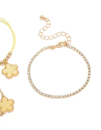 Gold Cubic Zirconia Tennis & Yellow Cord Flower Bracelets 3-Pack