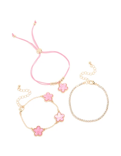 Gold Tennis & Pink Cord Flower Bracelets 3-Pack