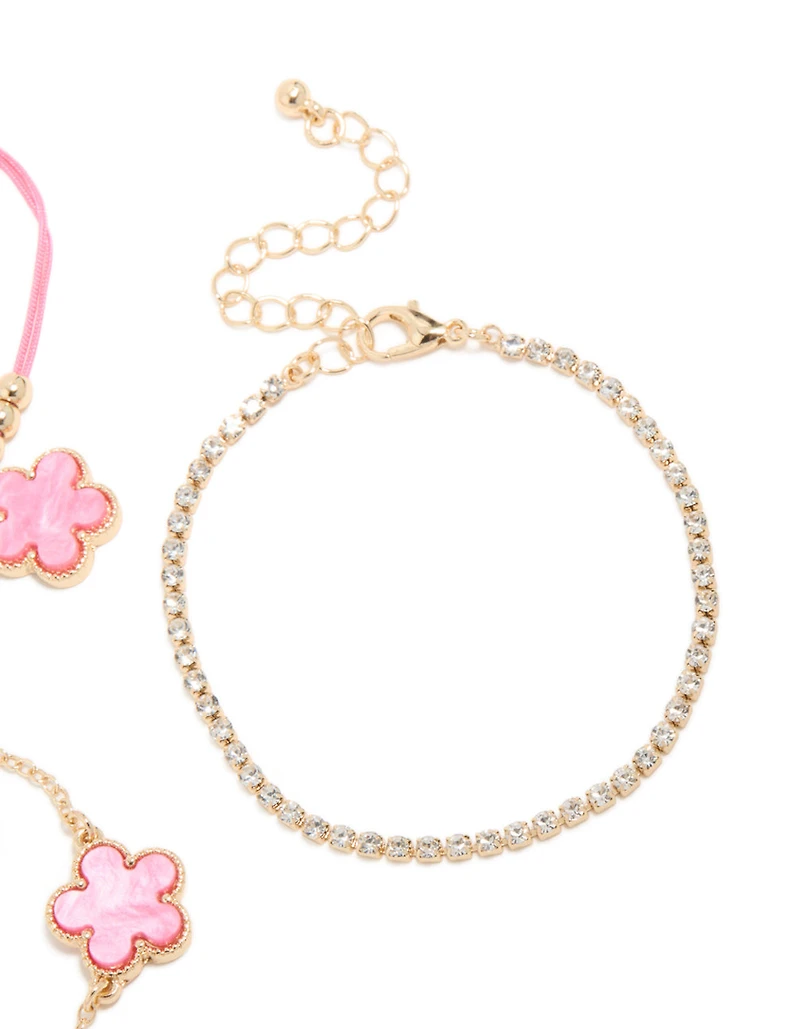 Gold Tennis & Pink Cord Flower Bracelets 3-Pack