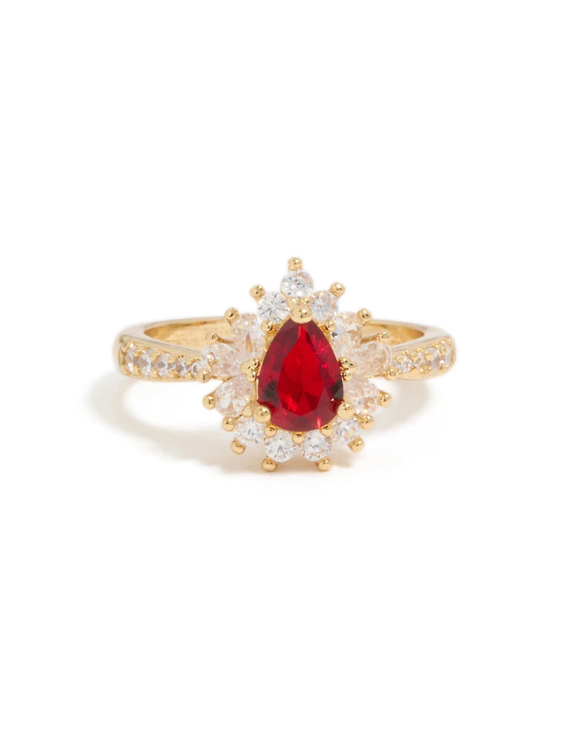 Anneau en poire cubique rouge brillant plaqué or
