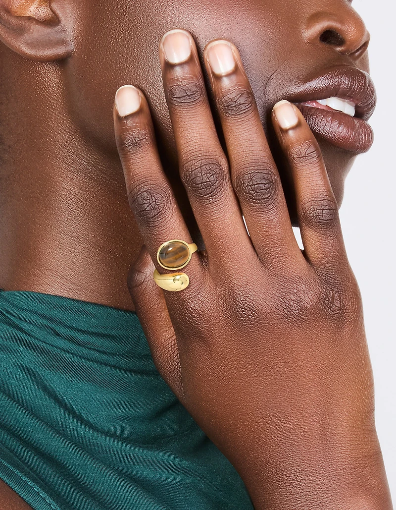Waterproof Gold Plated Stainless Steel Tigers Eye Stone Wrap Ring