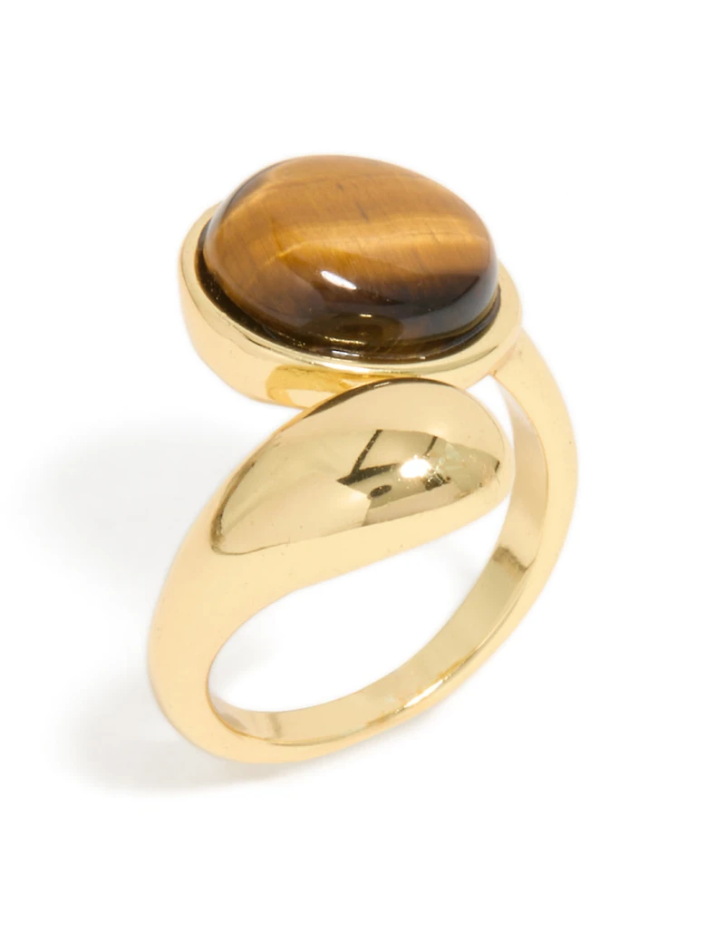Waterproof Gold Plated Stainless Steel Tigers Eye Stone Wrap Ring