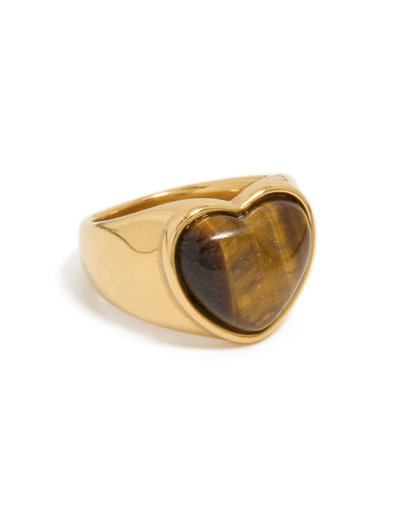 Waterproof Gold Plated Stainless Steel Tigers Eye Stone Heart Ring