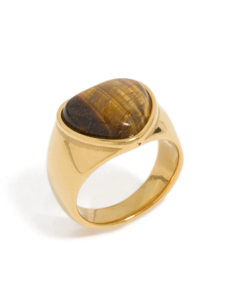 Waterproof Gold Plated Stainless Steel Tigers Eye Stone Heart Ring