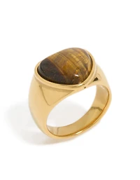 Waterproof Gold Plated Stainless Steel Tigers Eye Stone Heart Ring